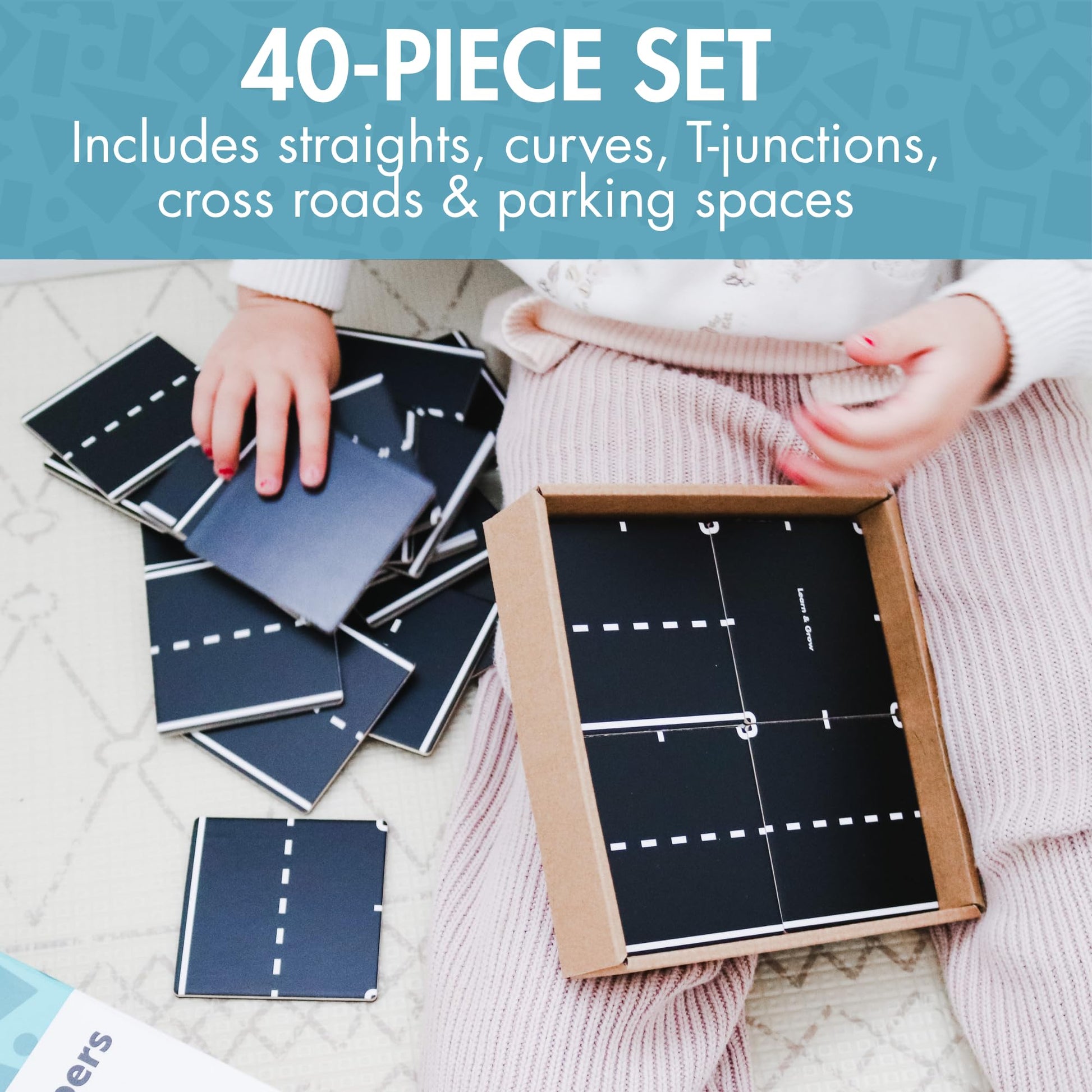 Learn & Grow Magnetic Tiles Road Expansion Pack - 40PCs Road Toppers Set for Cars, STEM Learning & Building Toy - Magnetic Tile Accessories for Kids
