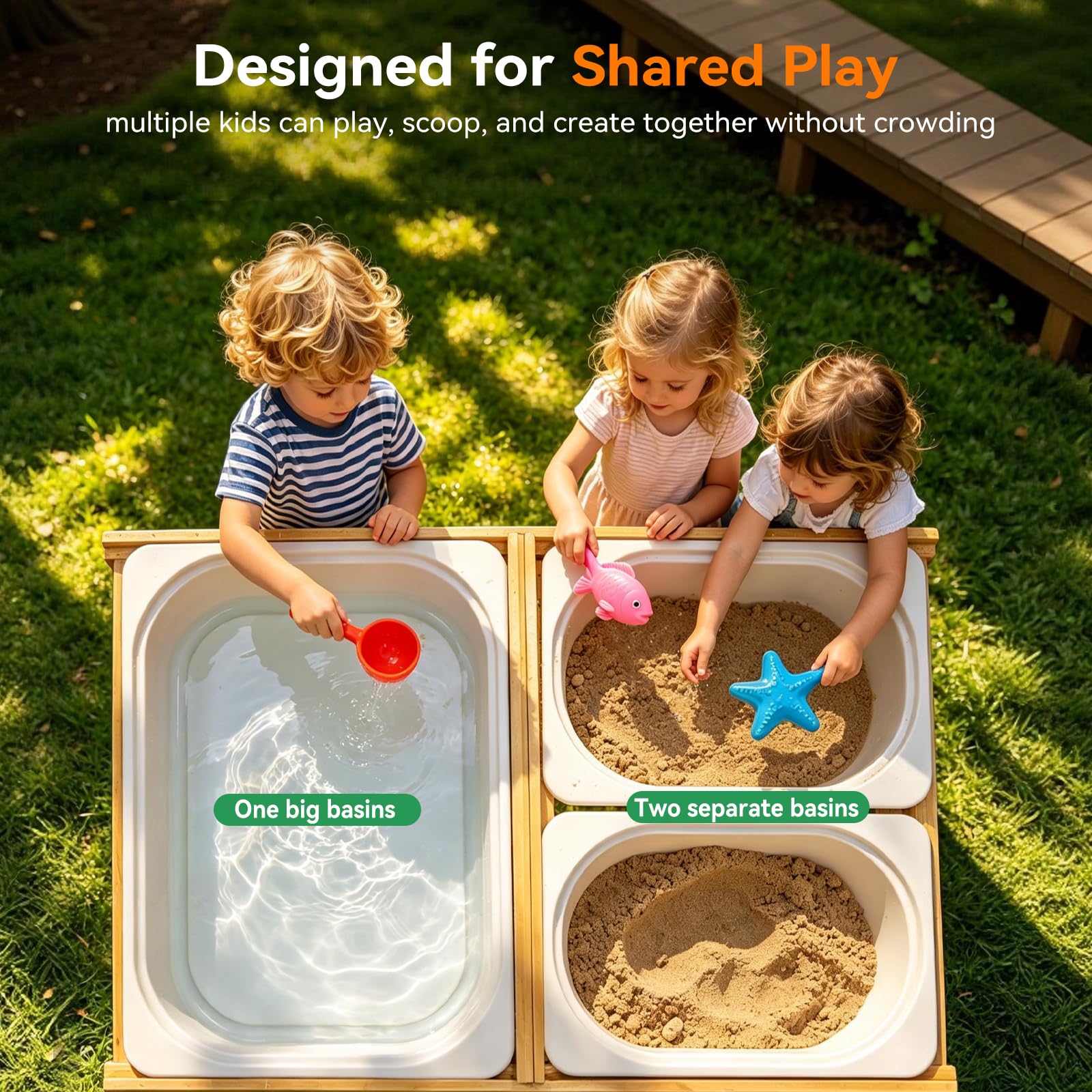 4in1 Water Table for Toddlers 1-3,Wooden Sensory Table & Sand Table for Kids,Indoor Outdoor Toddler Water Table with Slide Track Toys,3 Basins,Acrylic