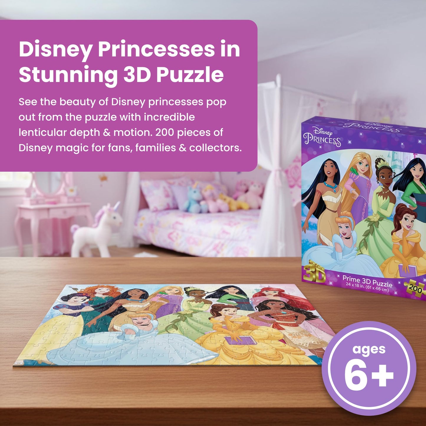 Prime 3D Disney Princess Collection Puzzle - 200 Piece 3D Lenticular Jigsaw for Kids & Families, 24"x18" Magical Activity with Motion, Official