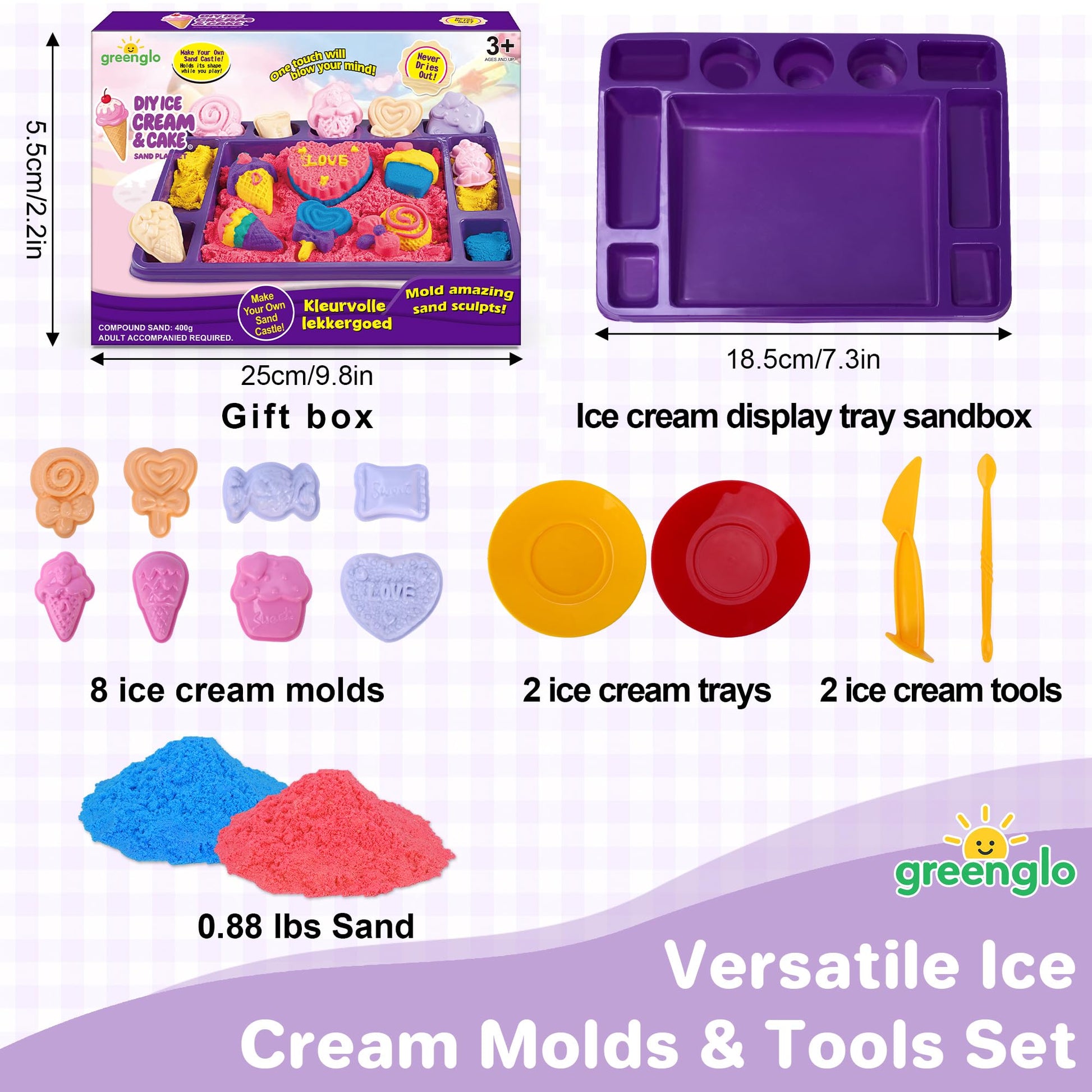 greenglo Sensory Sand Kit for Kids - 0.88 LBS with 12 Molds & Ice Cream Display Tray Sandbox - Kids' Sand Playset Ages 3-8 Creative Sensory Bin Play