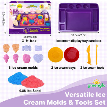 greenglo Sensory Sand Kit for Kids - 0.88 LBS with 12 Molds & Ice Cream Display Tray Sandbox - Kids' Sand Playset Ages 3-8 Creative Sensory Bin Play
