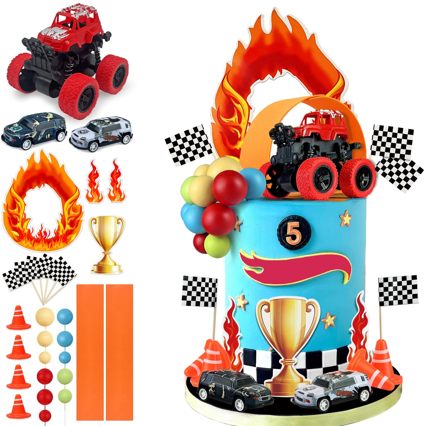 30PCS Truck Cake Decorations Truck Cake Toppers Red Blue Yellow Green Balls Race Car Cake Toppers for Truck Themed Racing Car Party Decorations