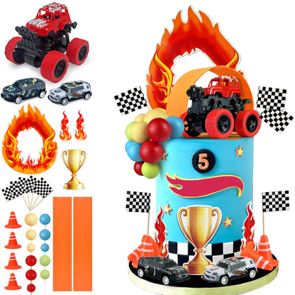 30PCS Truck Cake Decorations Truck Cake Toppers Red Blue Yellow Green Balls Race Car Cake Toppers for Truck Themed Racing Car Party Decorations