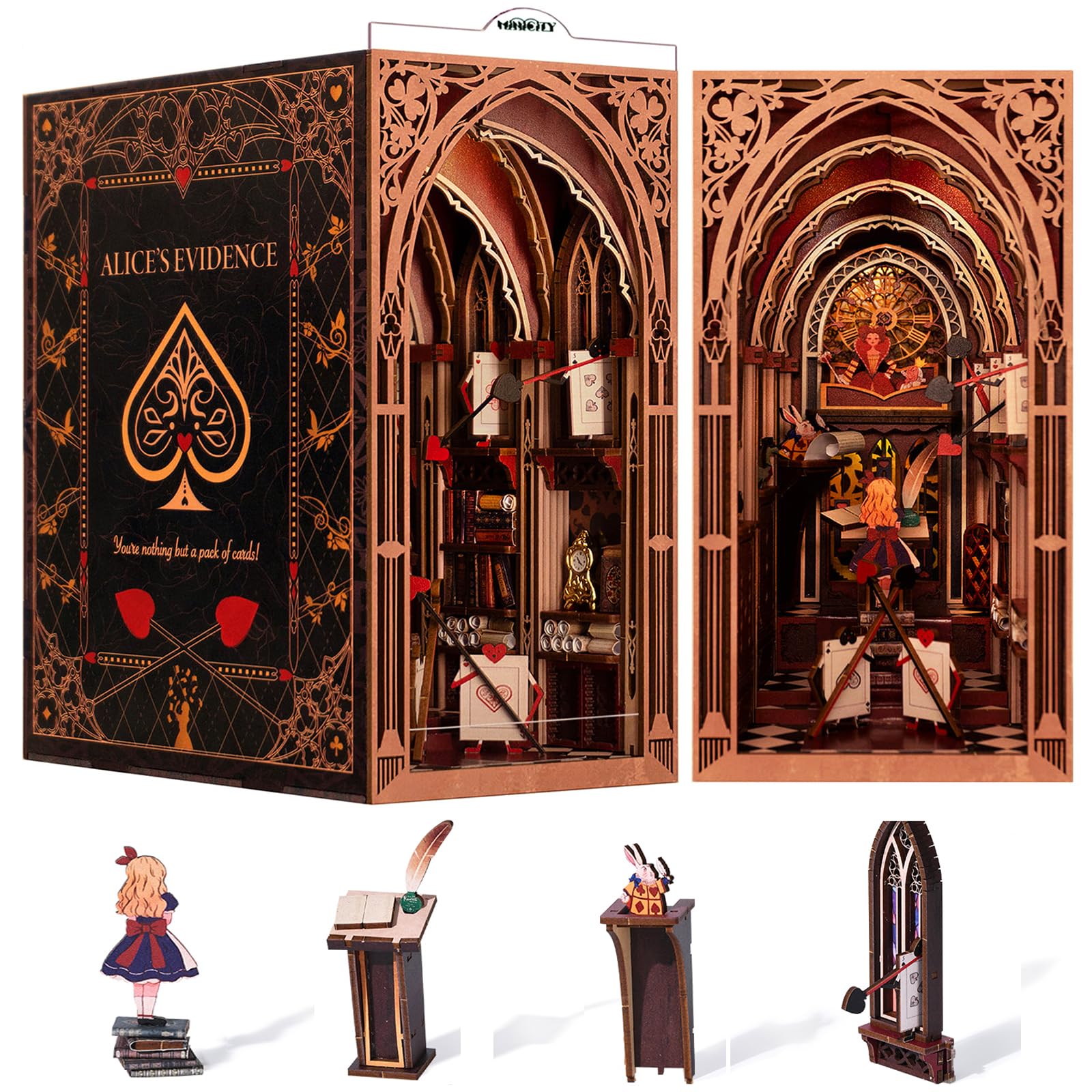 MiniCity Alice in Wonderland Book Nook Kit, Wooden Miniature House with LED