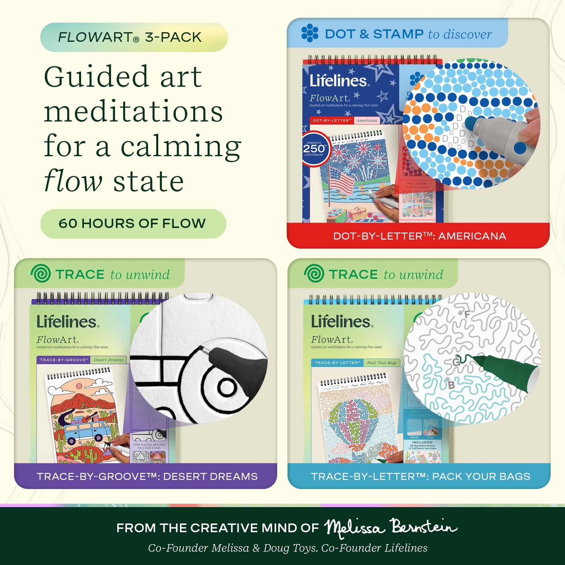 Lifelines FlowArt Activity Pads, 3-Pack - Guided Dot & Trace Art Meditations with Markers - 12 Double-Sided Markers & 60 Scenes - Color by Number