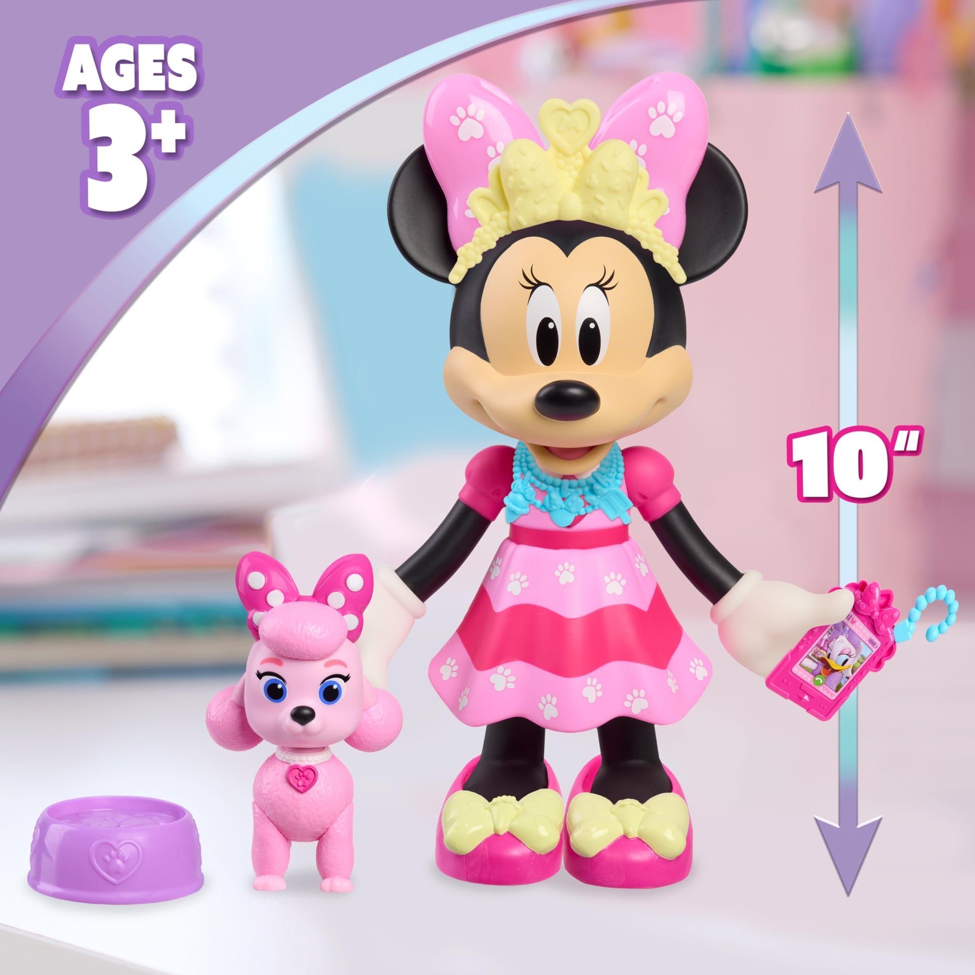 Disney Jr. Minnie Mouse Pet Fun Doll, 10-Inch Poseable Minnie Doll