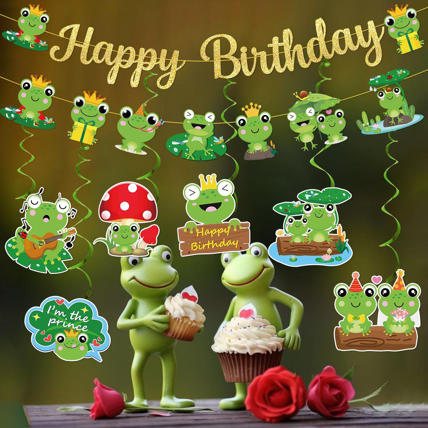 Frog Birthday Banner Gold Glitter with Garland Hanging Swirls, Frog Birthday Party Decorations for Princess Prince Baby Shower Party Decor