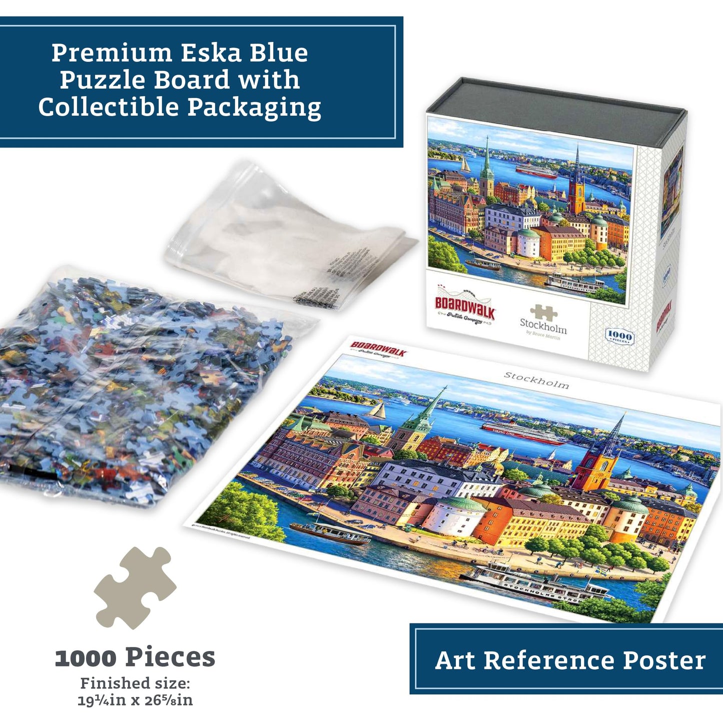 Boardwalk Stockholm 1000 Piece Jigsaw Puzzle Fun Sweden Travel Puzzles with Premium Box, Gift for Adults and Family 19"x26"