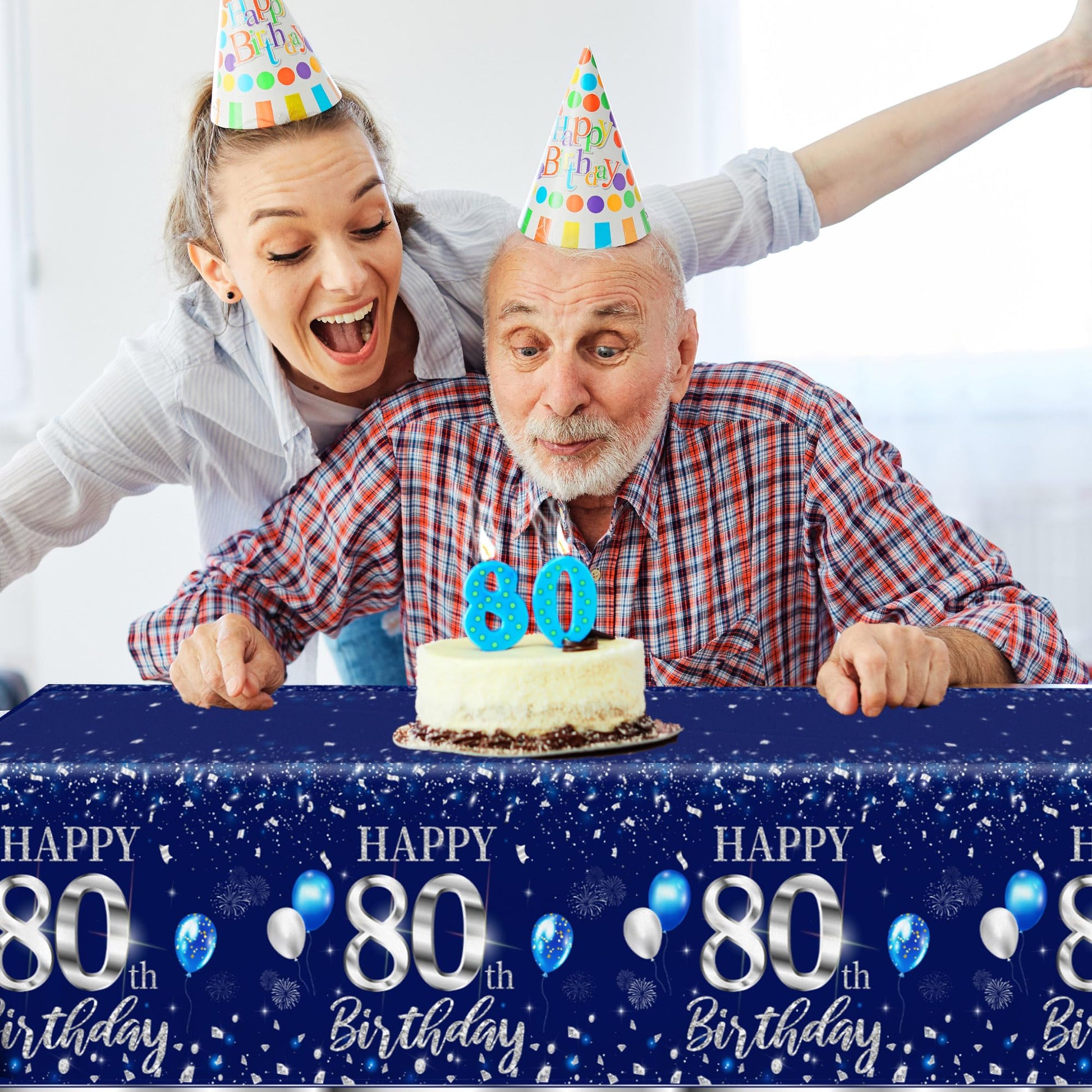 GREHUMOR 3Pcs 80th Birthday Tablecloth Decorations Sliver and Blue Table Cover Plastic 80th Happy Birthday Party Supplies for Men Women Disposable