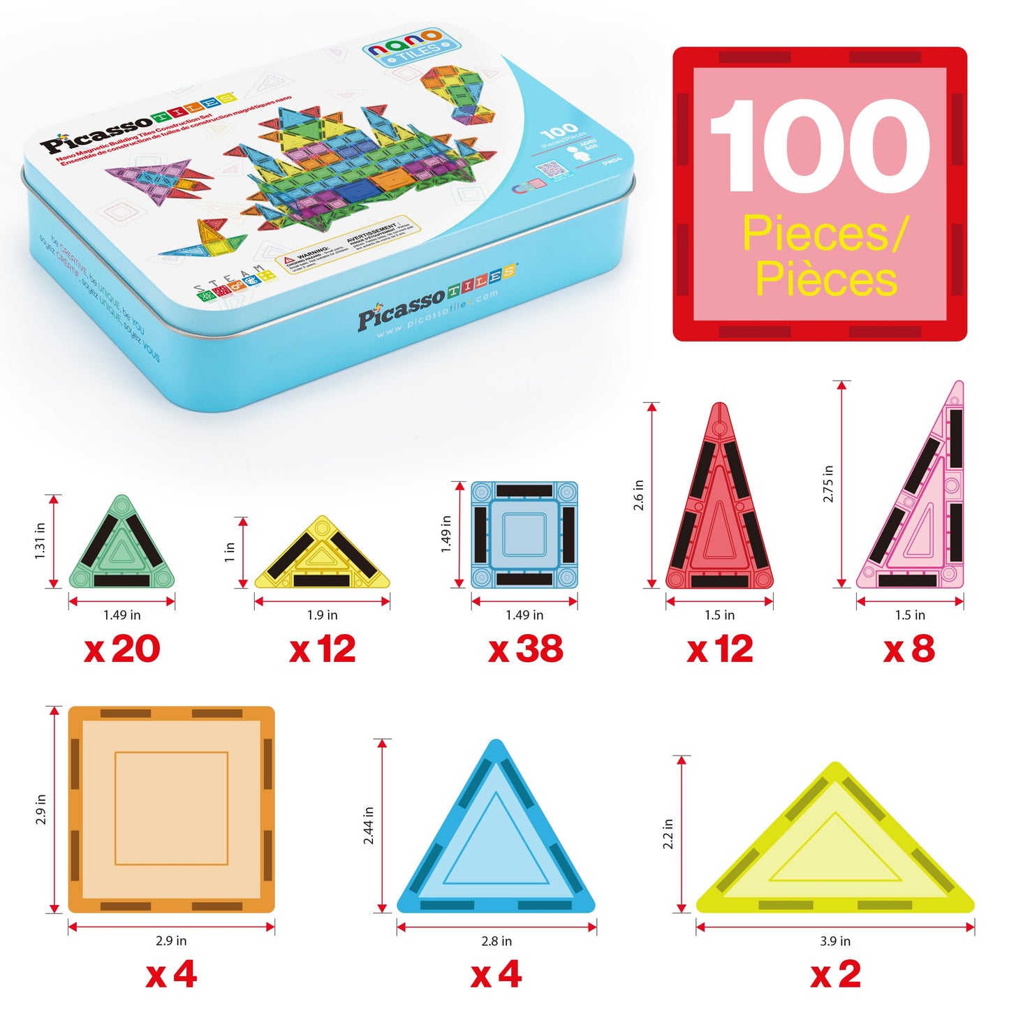 PicassoTiles 100PC Travel Nano Magnetic Tiles Construction Building Blocks Toy with Storage Case Educational STEM Learning Build Kit 3D Magnet Tile