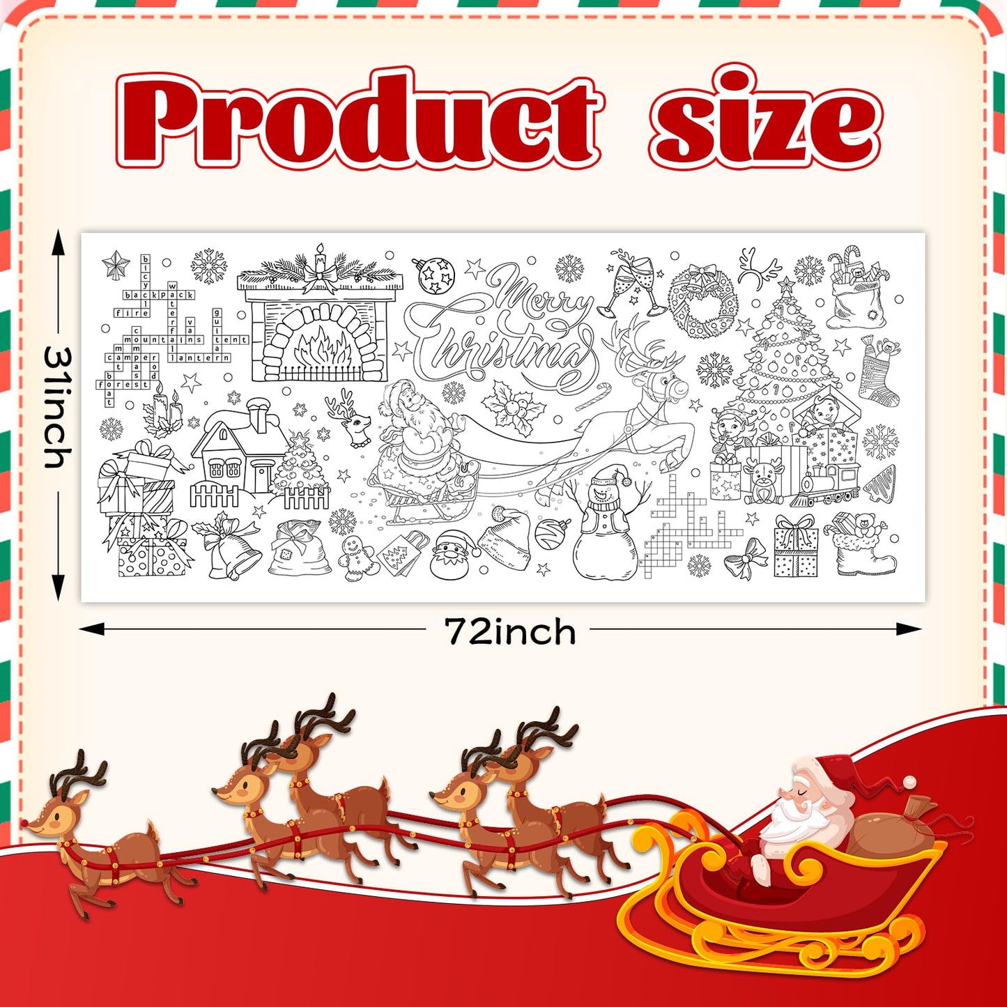 Christmas Coloring Tablecloth 31×72 Inch, Large Table Cover with Santa Claus, Reindeer, Paper Drawing Poster with Christmas Tree, Snowflakes and Gift