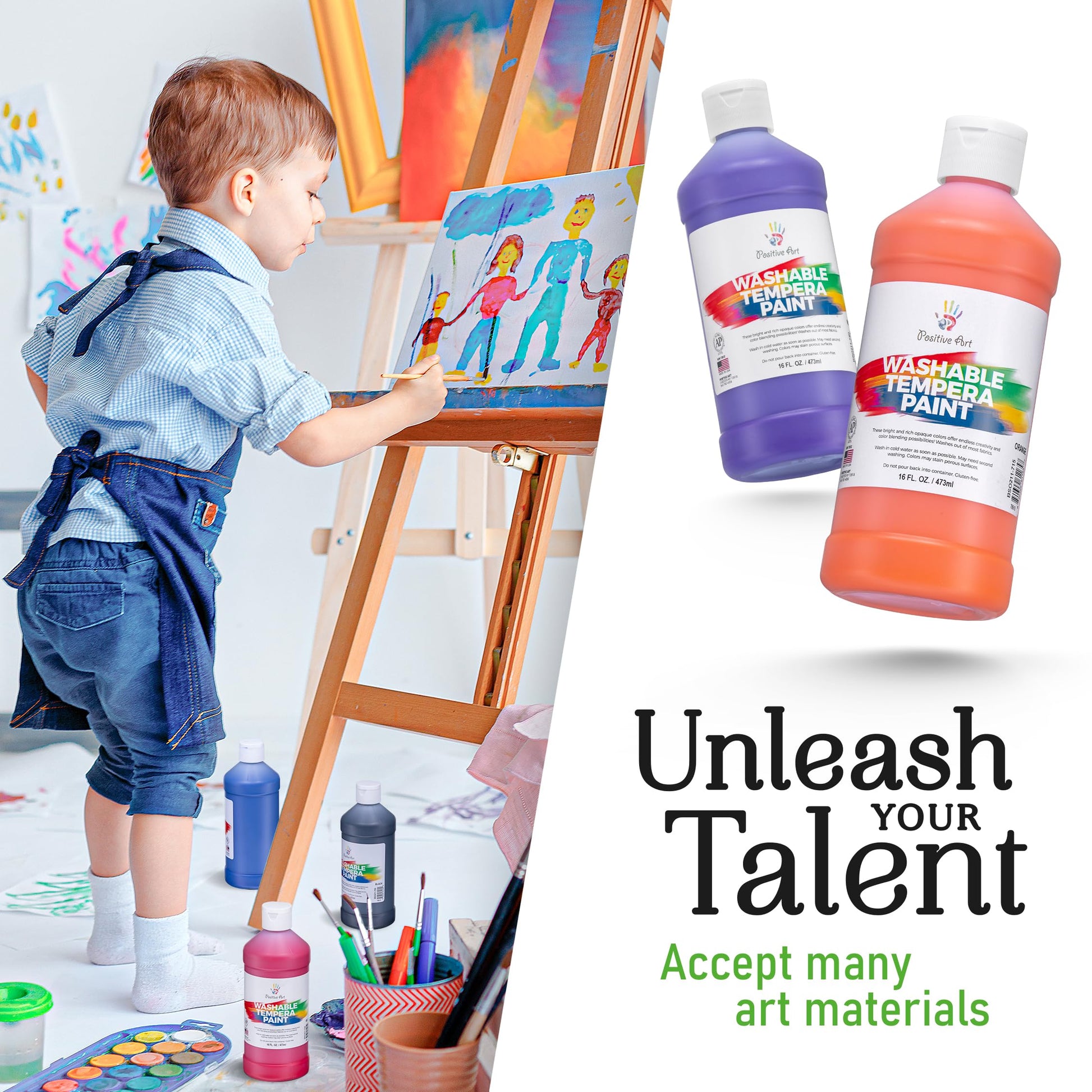Positive Art Washable Paint for Kids - (8 Colors, 16 oz Each) Made in USA, Non-Toxic Tempera Paint Set - Bulk Classroom Paints for Students, Finger