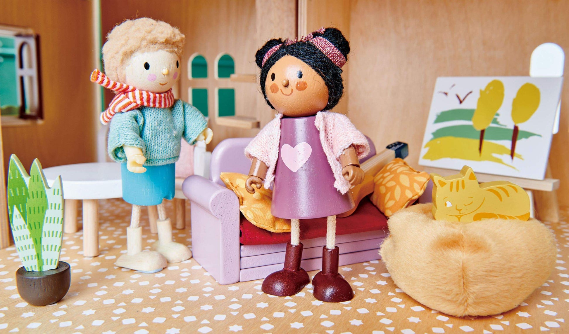 Tender Leaf Toys - Ayana and Her Cat - Wooden Miniatures Flexible Doll, Multicultural Action Figure for Dollhouse - Encourage Creative and Imaginative
