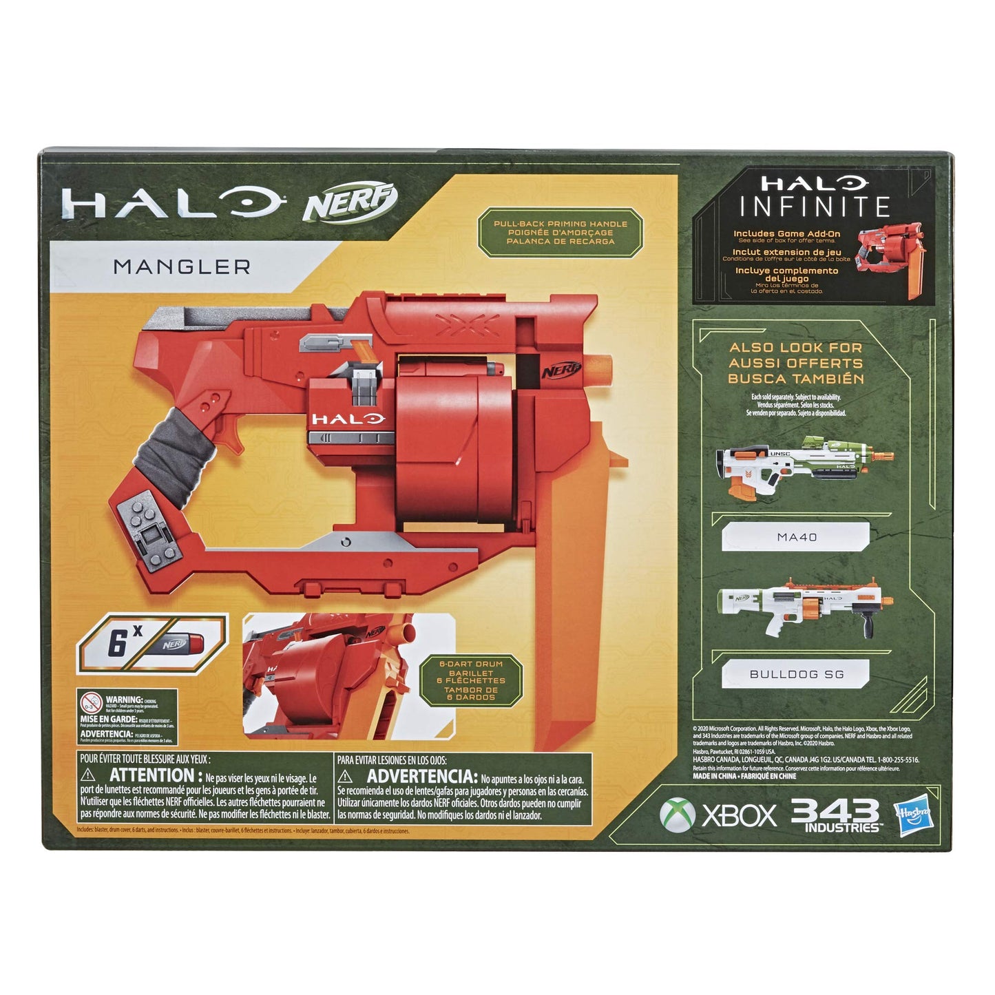 Nerf Halo Mangler Dart Blaster - Pull-Back Priming Handle, Rotating 6-Dart Drum - Includes 6 Official Elite Darts