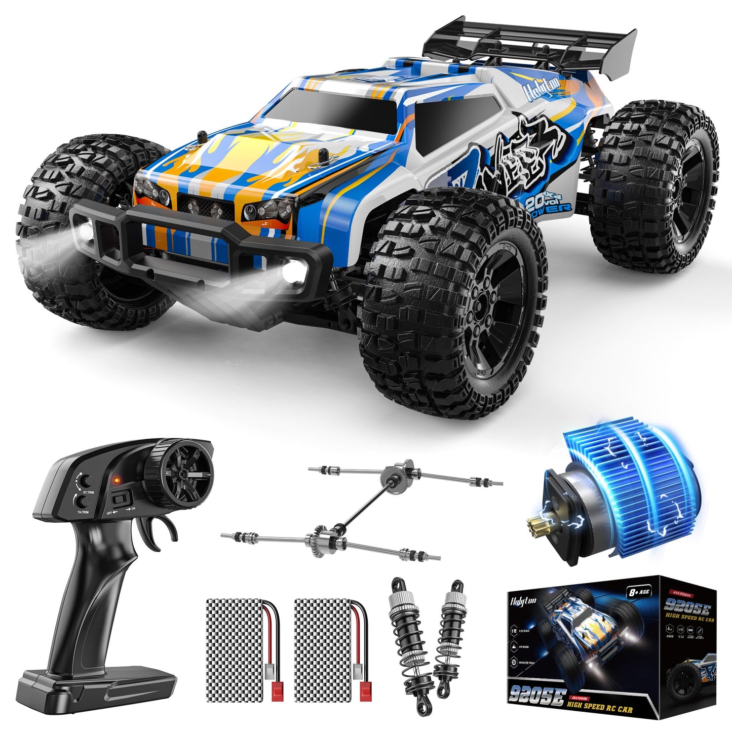Holyton 1:10 Large High Speed Remote Control Car with LED Shell Lights, 48+ KM/H, 4WD Offroad Monster Truck for Adults & Kids, Hobby RC Truck Vehicle