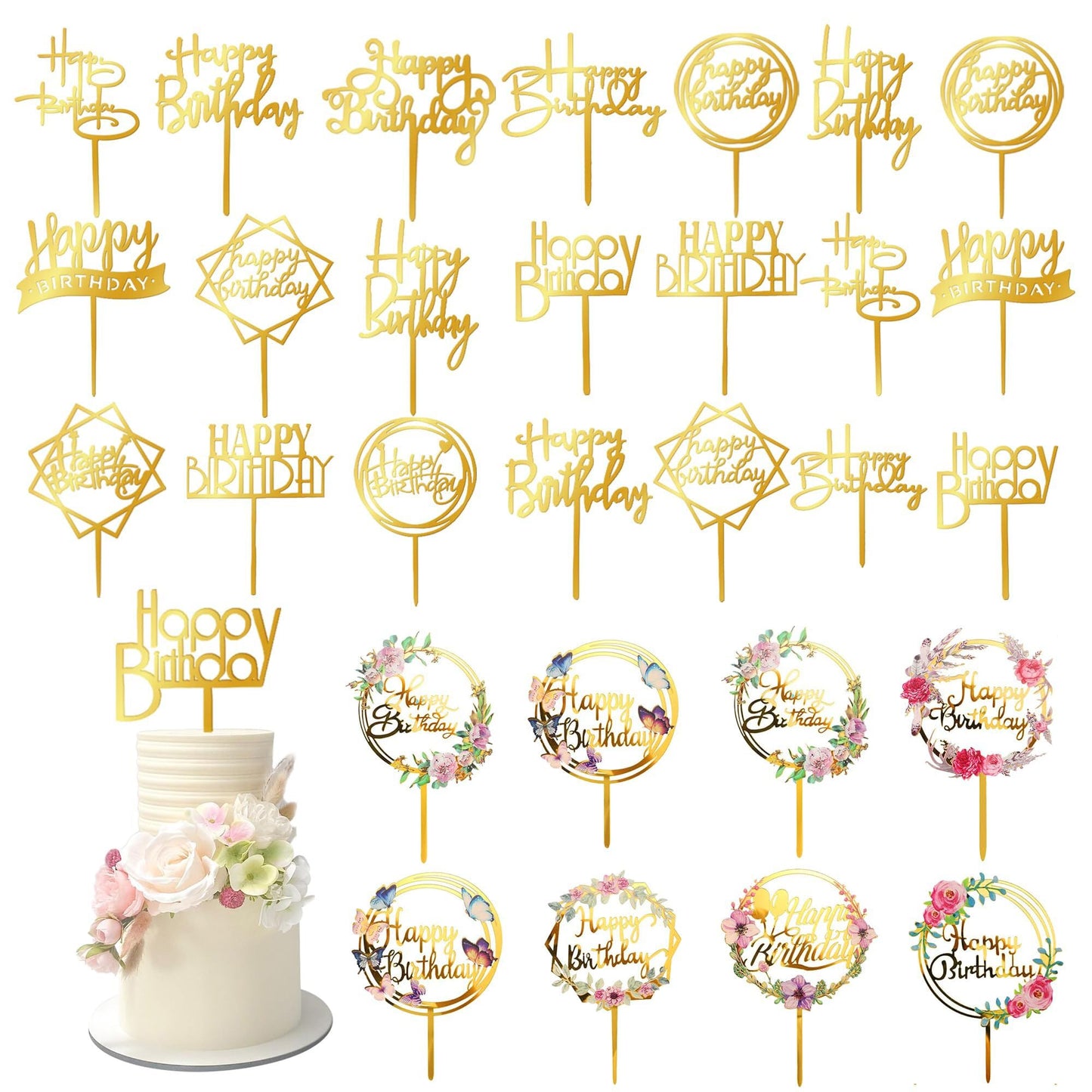 32 PCS Gold Happy Birthday Cake Toppers Flower Acrylic Birthday Cake Topper Cake Pick Decorations (Gold)