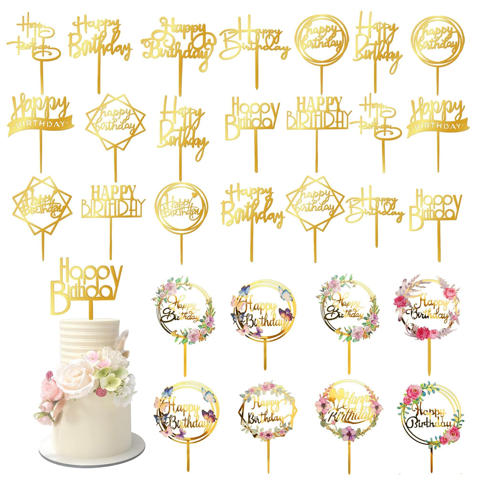 32 PCS Gold Happy Birthday Cake Toppers Flower Acrylic Birthday Cake Topper Cake Pick Decorations (Gold)