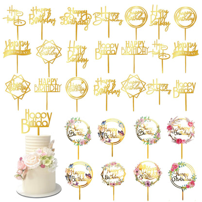 32 PCS Gold Happy Birthday Cake Toppers Flower Acrylic Birthday Cake Topper Cake Pick Decorations (Gold)