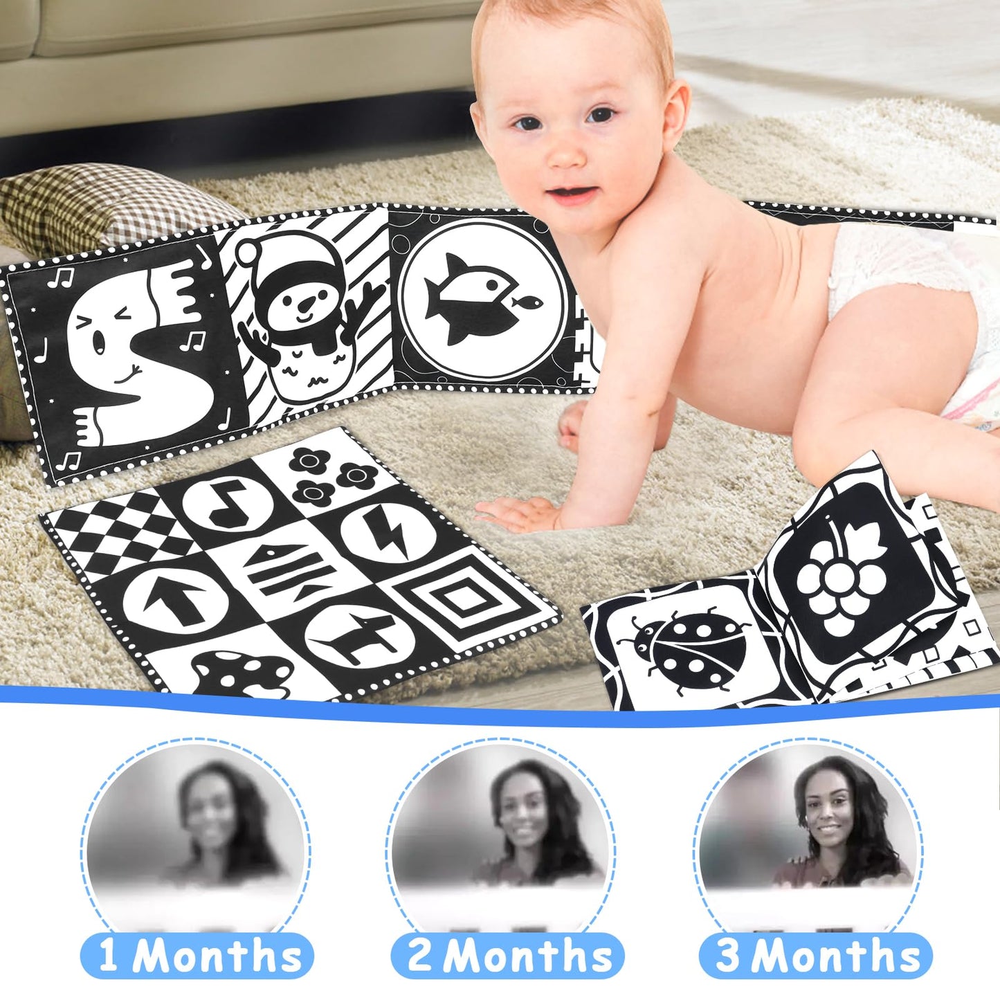 KUANGO Newborn Toys Black and White Baby Toys 0-3 Months High Contrast Baby Toys for Newborn - High Contrast Baby Soft Book Infant Tummy Time Toys