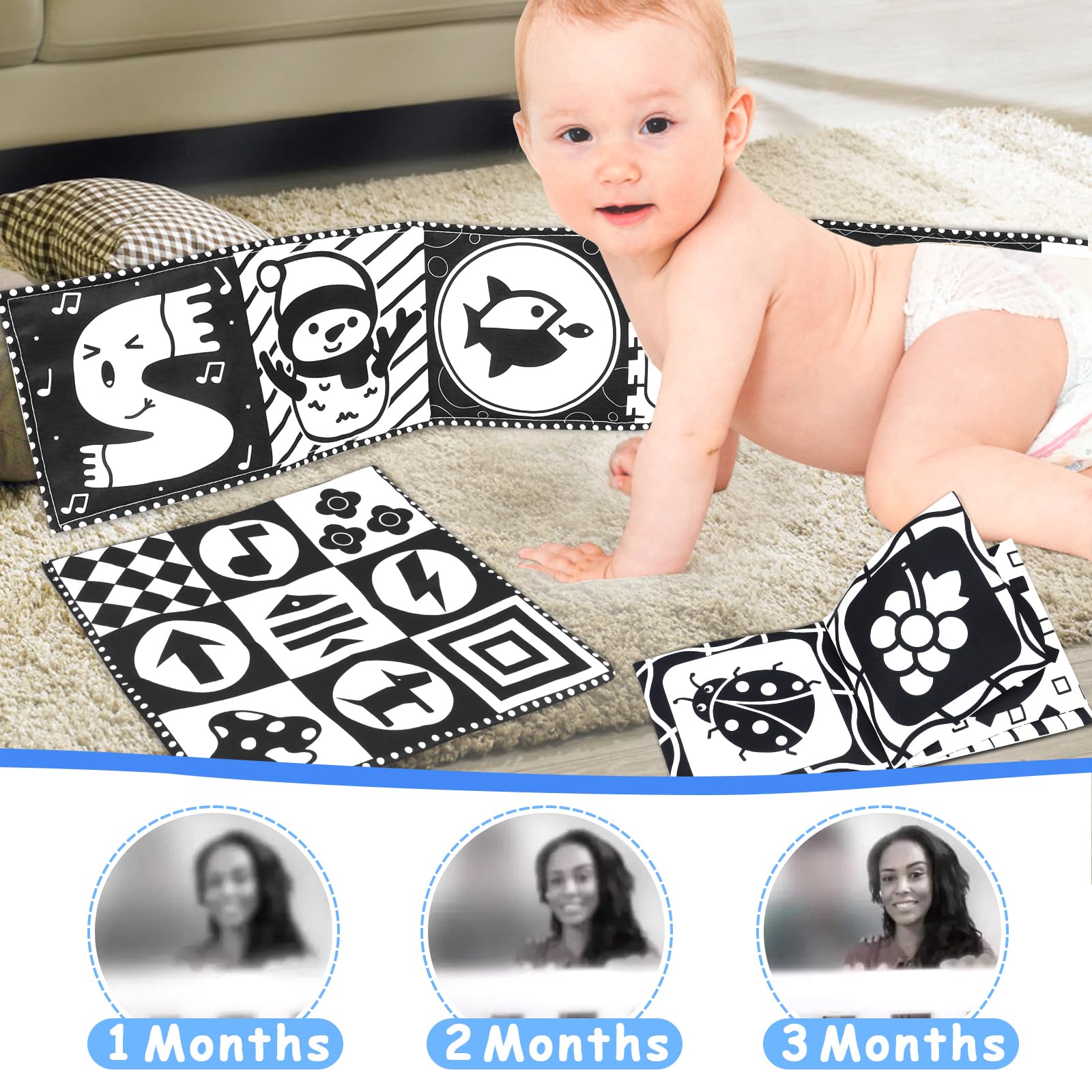 KUANGO Newborn Toys Black and White Baby Toys 0-3 Months High Contrast Baby Toys for Newborn - High Contrast Baby Soft Book Infant Tummy Time Toys