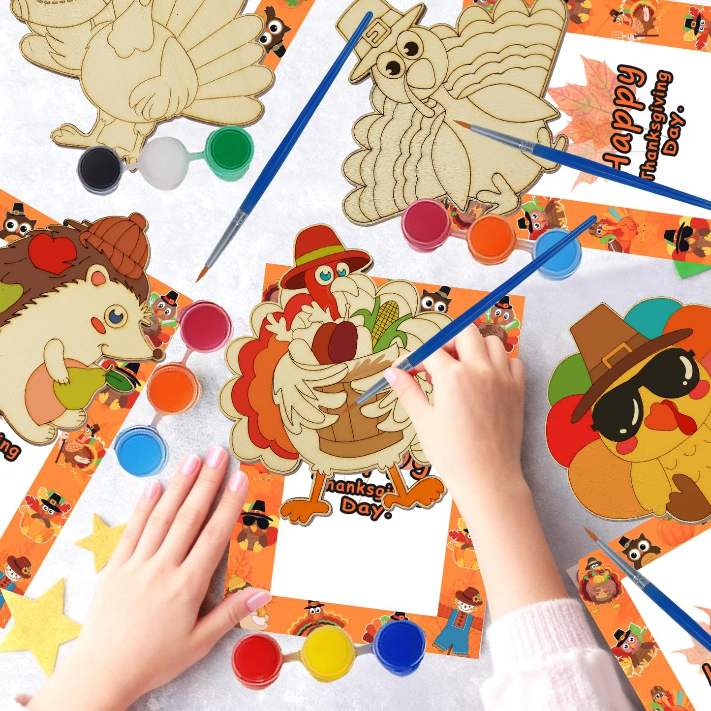 SYUCVQI 12 Pack Fall Thanksgiving Wooden Painting Craft Kits for Thanksgiving Party DIY Coloring Wooden Turkey Scarecrow Pumpkin Harvesting Art
