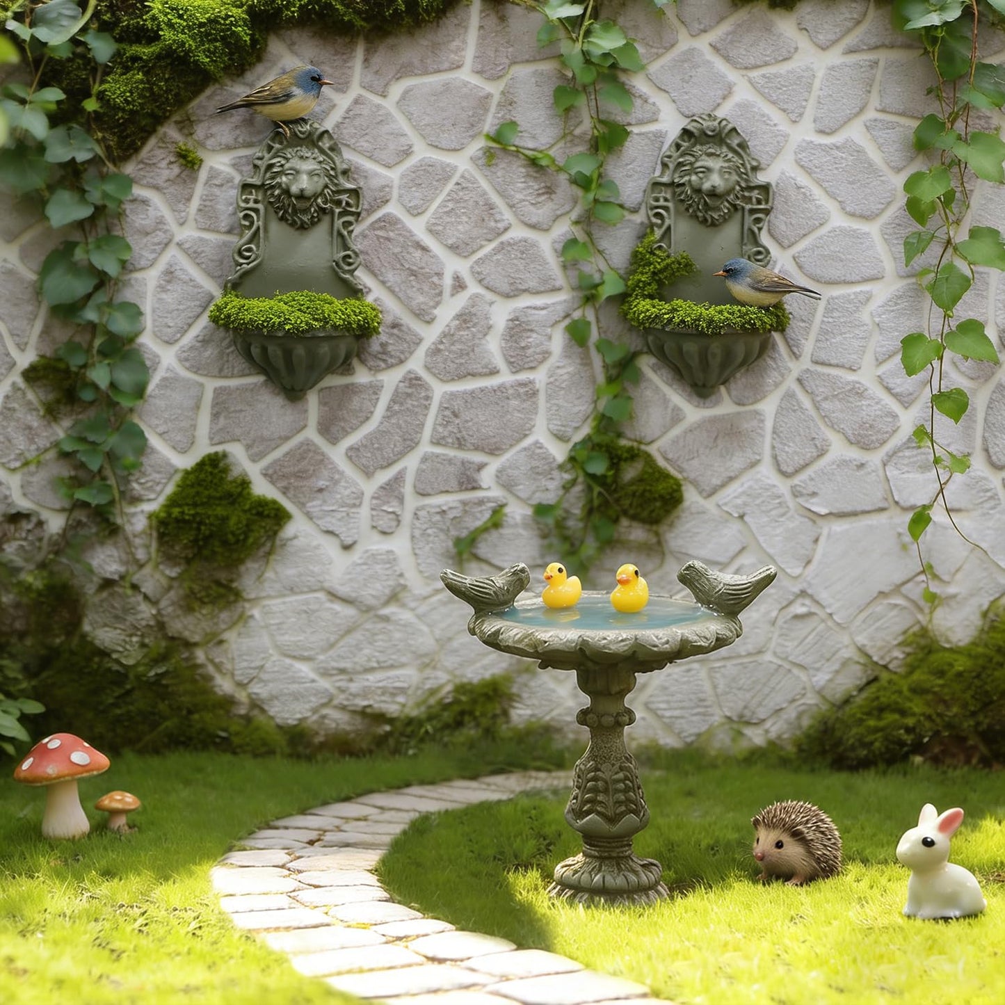 iLAND 1/12 Scale Garden Accessories Outdoor Miniature Birdbath Fountain & 2 Lion Wall Reliefs Mini Ornaments for Garden Dollhouse Décor Dollhouse