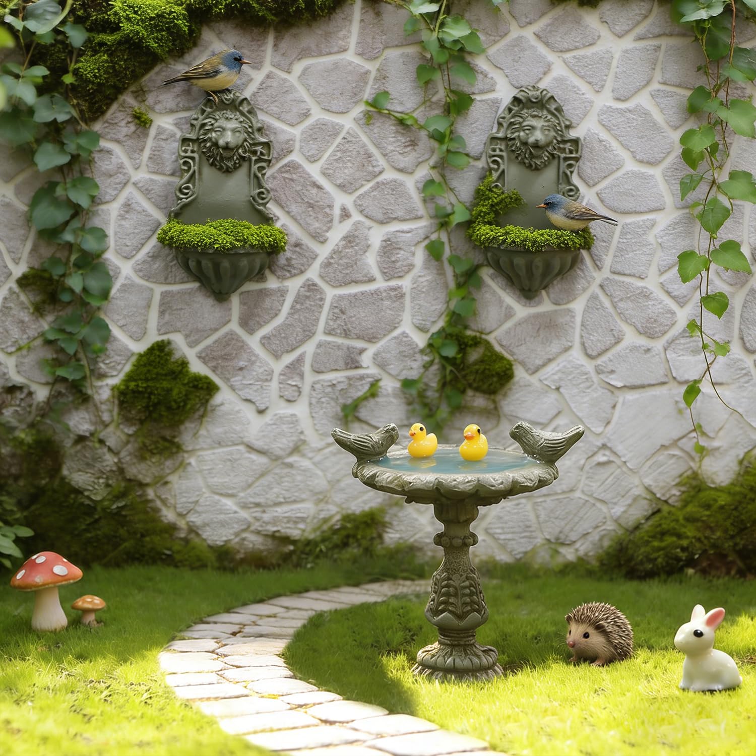 iLAND 1/12 Scale Garden Accessories Outdoor Miniature Birdbath Fountain & 2 Lion Wall Reliefs Mini Ornaments for Garden Dollhouse Décor Dollhouse