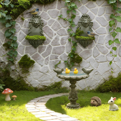 iLAND 1/12 Scale Garden Accessories Outdoor Miniature Birdbath Fountain & 2 Lion Wall Reliefs Mini Ornaments for Garden Dollhouse Décor Dollhouse