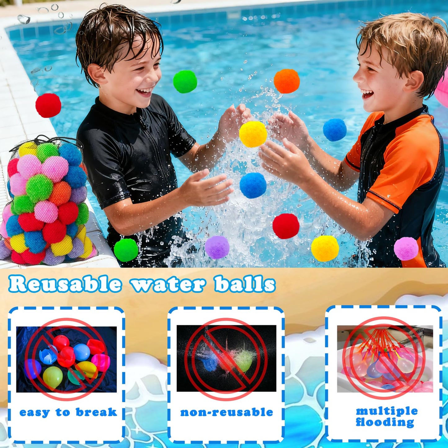 100PCS Reusable Water Splash Balls,Soft Soaker Balloons Fake Snowballs for Kids Outdoor Water Fight Games,Pool Backyard Fun with 1 Mesh Bag