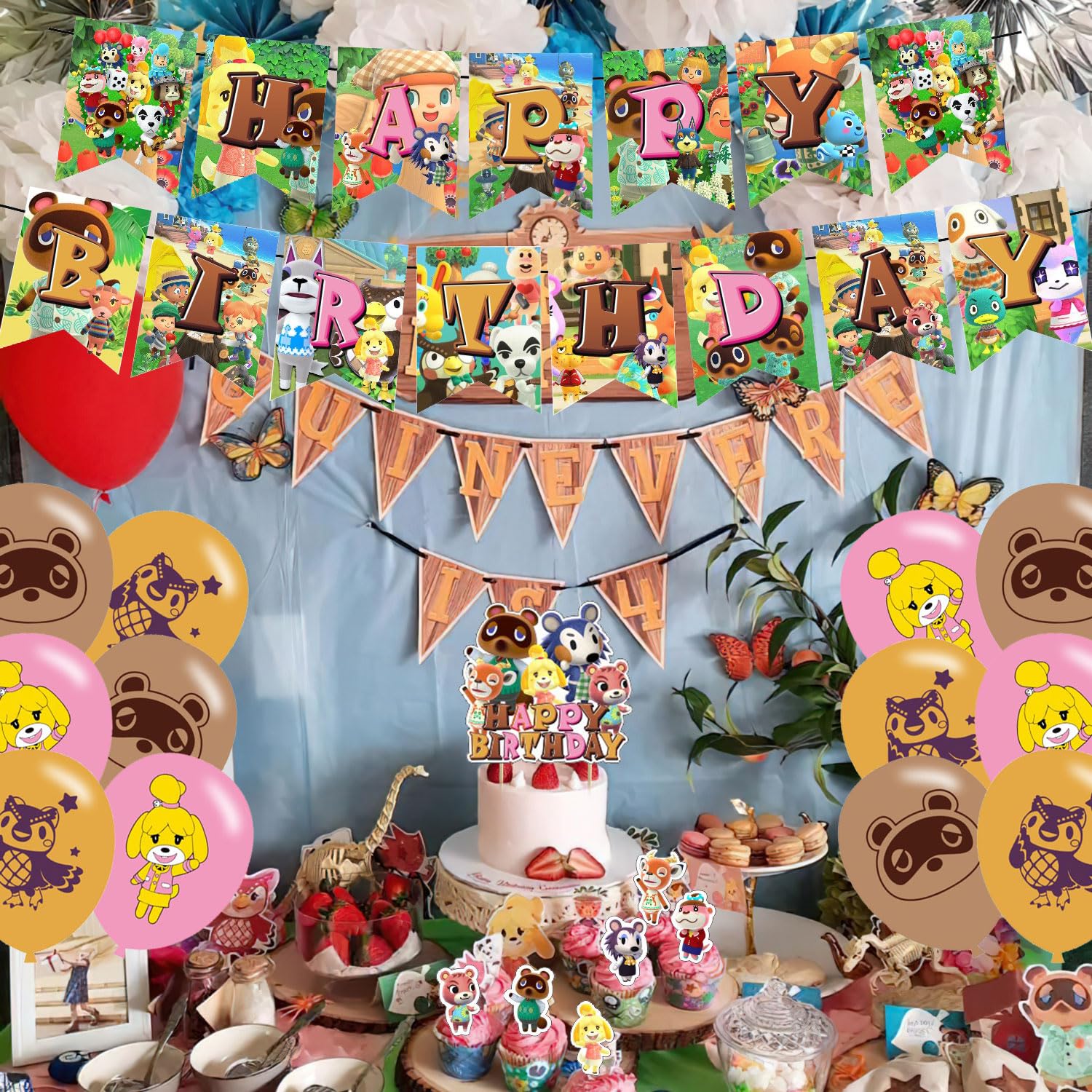 Animal Cross-ing Themed Birthday Party Supplies,Animal Game Balloons Decorations for New Horizons Party Happy Birthday Balloons, Cupcake Toppers, Cake