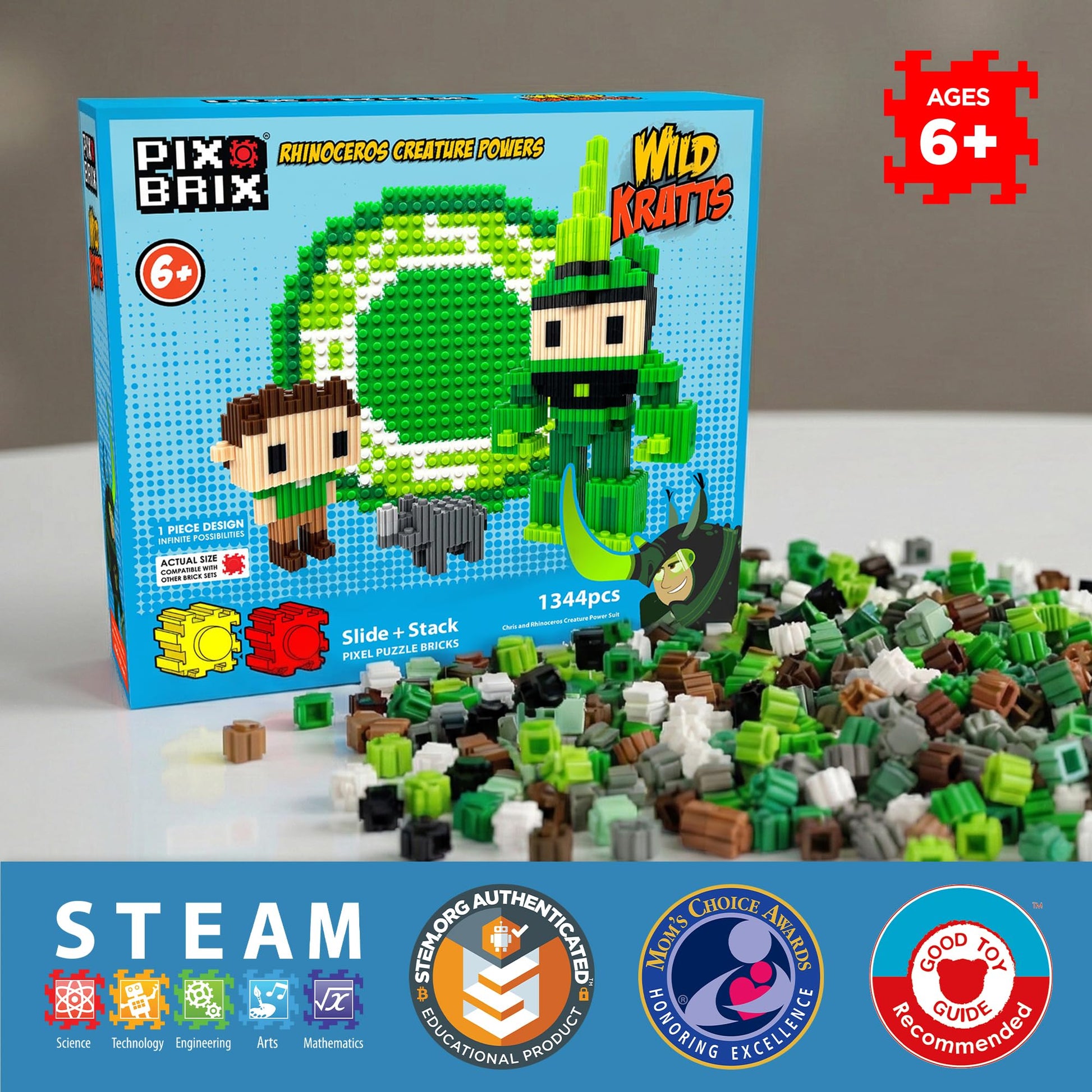 Pix Brix - Wild Kratts Toys Pixel Art Kit - Rhinoceros Creature Powers, 1344 Pieces - Patented Slide + Stack Pixel Puzzle Building Bricks, Build
