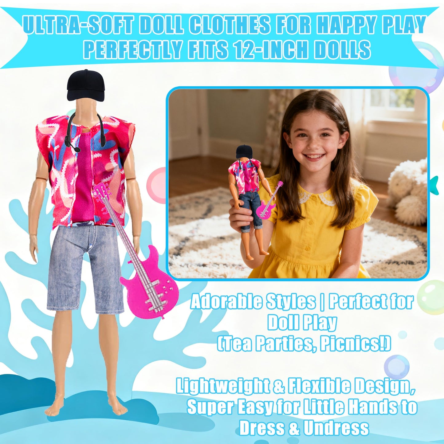 14 Pcs Fashion Doll Clothes Set for 12 Inch Dolls, 2 Outfits with Short Sleeve & Shorts, Includes Doll Shoes, Hat, Skateboard, Guitar & Toy Pets