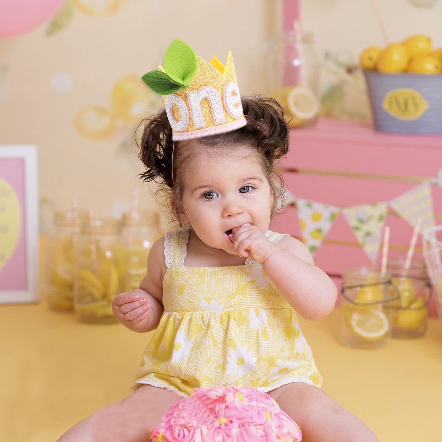 LINLULU Lemon 1st Birthday Crown - Lemon Birthday Decorations, Light Pink And Lemon Yellow Birthday Hat, Birthday Tiara, Cake Smash Props