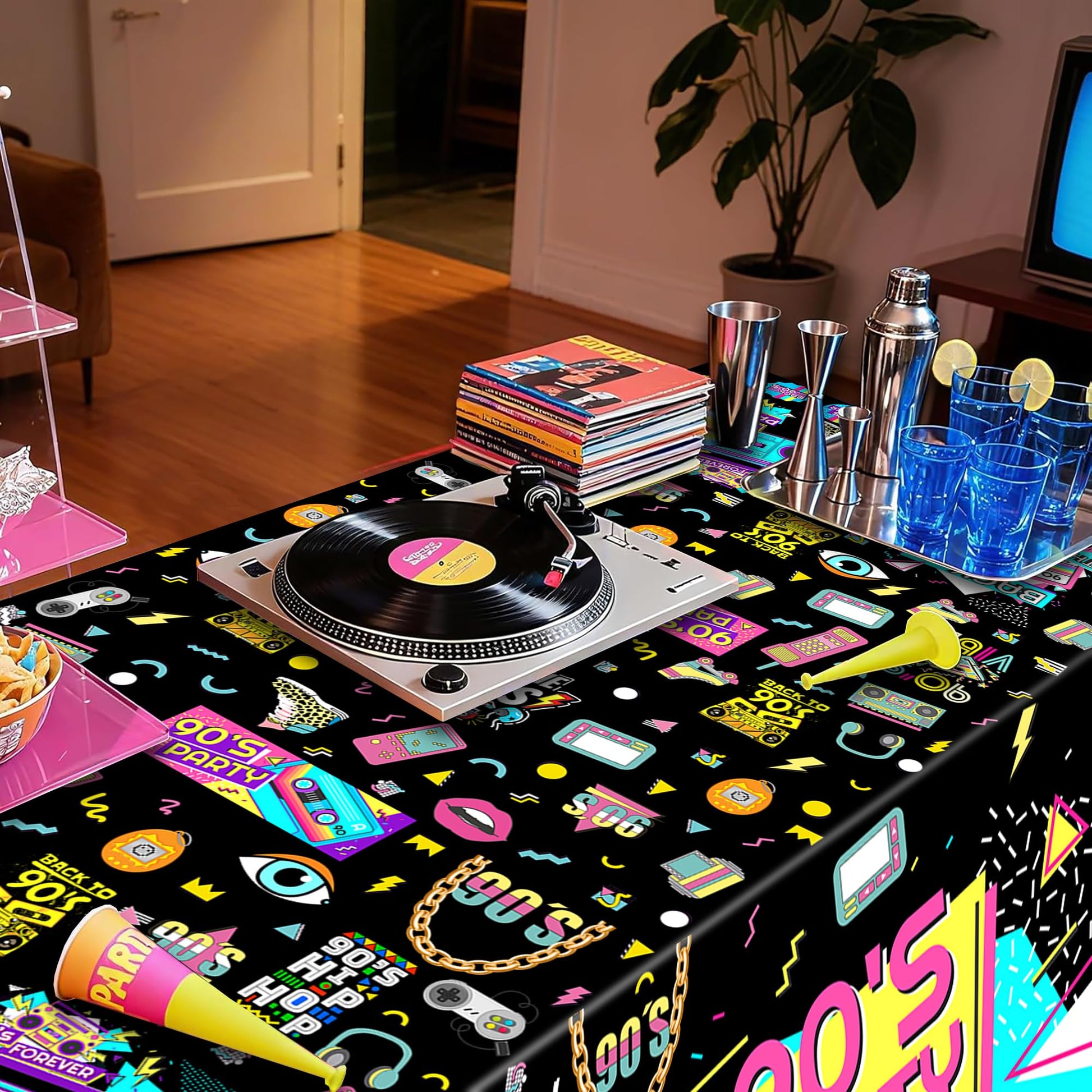 AHLIISSU 6Ft 90’s Party Tablecloth, 72'' x 30'' 1990s Theme Hip Hop Party Birthday Table Cover for ack to 90s Party Decorations Supplies