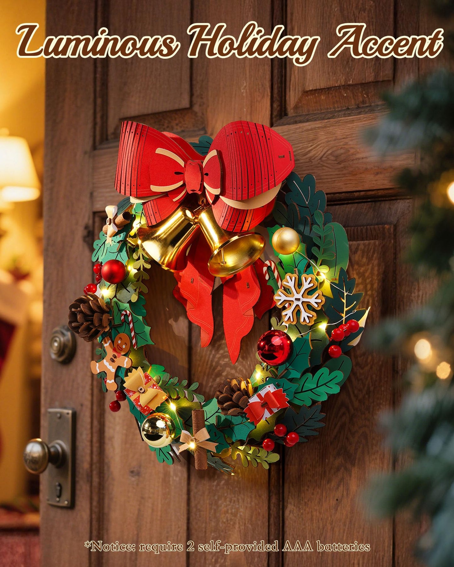 ROBOTIME Christmas Wreath with Red Bow, Pine Cones, Berries & Bells 3D Wooden Puzzles for Adults Creative Gifts for Holiday Window Fireplace Door