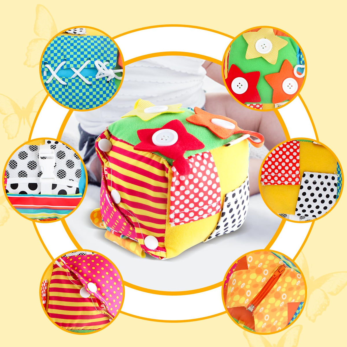 KAKIBLIN Cubic Activity Learning Toy with Zippers, Latches, Buckles, Laces, Snaps, Buttons and More - Perfect for Toddlers at Home, on Airplanes, Cars