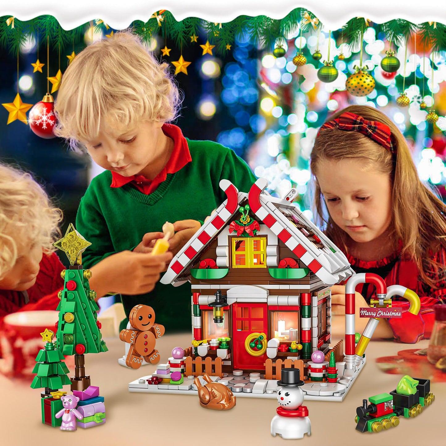 GIVFOZAY Christmas Gingerbread House Building, Christmas Village House Building Set, Contain Christmas Tree and Train, Xmas Brick Toy Gifts for Adults