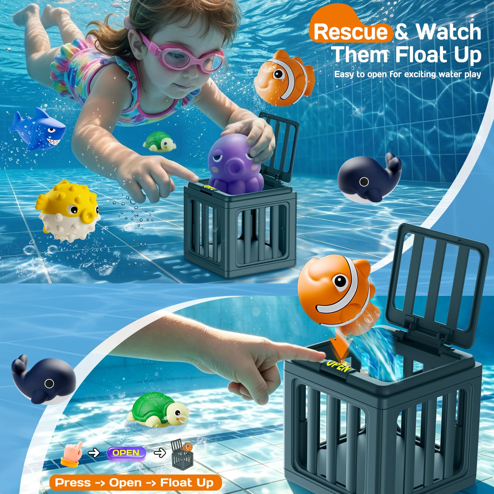 Tikduck Pool Diving Toys for Kids, Underwater Swim Game Set with 6 Floating Sea Animals & 6 Dive Cages, Summer Water Toys for Pool, Bath & Beach Play