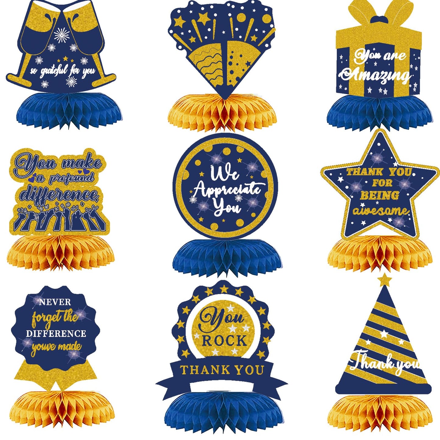 WINPOGEE 9PCS We Appreciate You Honeycomb Centerpieces Blue Gold Glitter Thank You Table Centerpieces Table Topper Decor Teacher Doctor Nurse Employee
