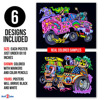 Stuff2Color Monster Cars and Trucks Fuzzy Poster Coloring Poster 6-Pack (Coloring Fun for Boys and Toddlers) - Great for Quiet Time, Coloring