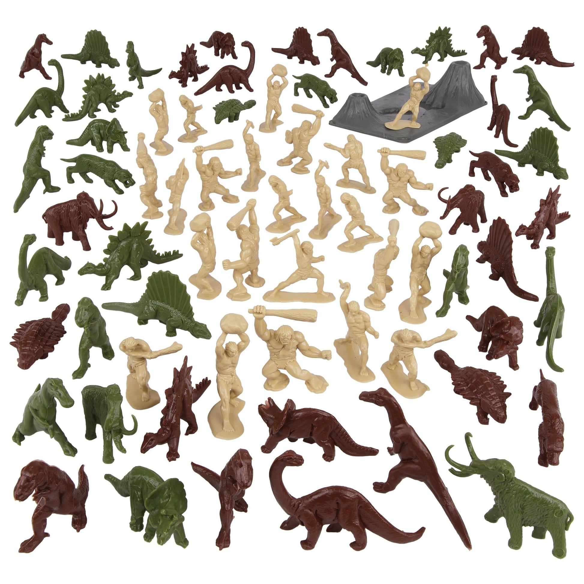 Tim Mee Toy TimMee Prehistoric Plastic Dinosaur & Caveman Figures - Tan, Rust, & OD Green 73pc