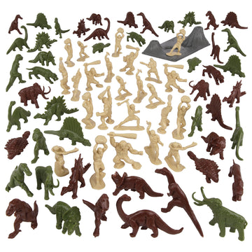 Tim Mee Toy TimMee Prehistoric Plastic Dinosaur & Caveman Figures - Tan, Rust, & OD Green 73pc