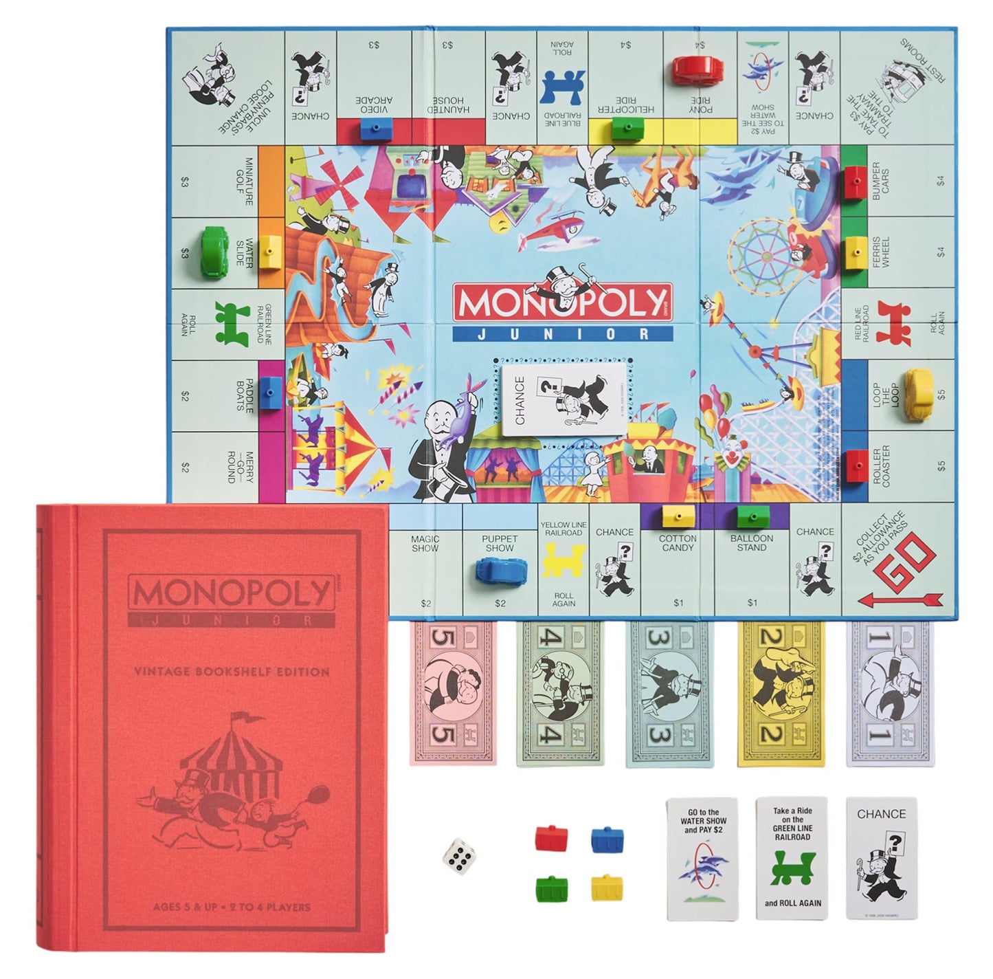 WS Game Company Monopoly Junior Vintage Bookshelf Edition: Linen Fabric-Wrapped Book Case - Classic Monopoly Jr. Board Game for Family Game Night (2-4