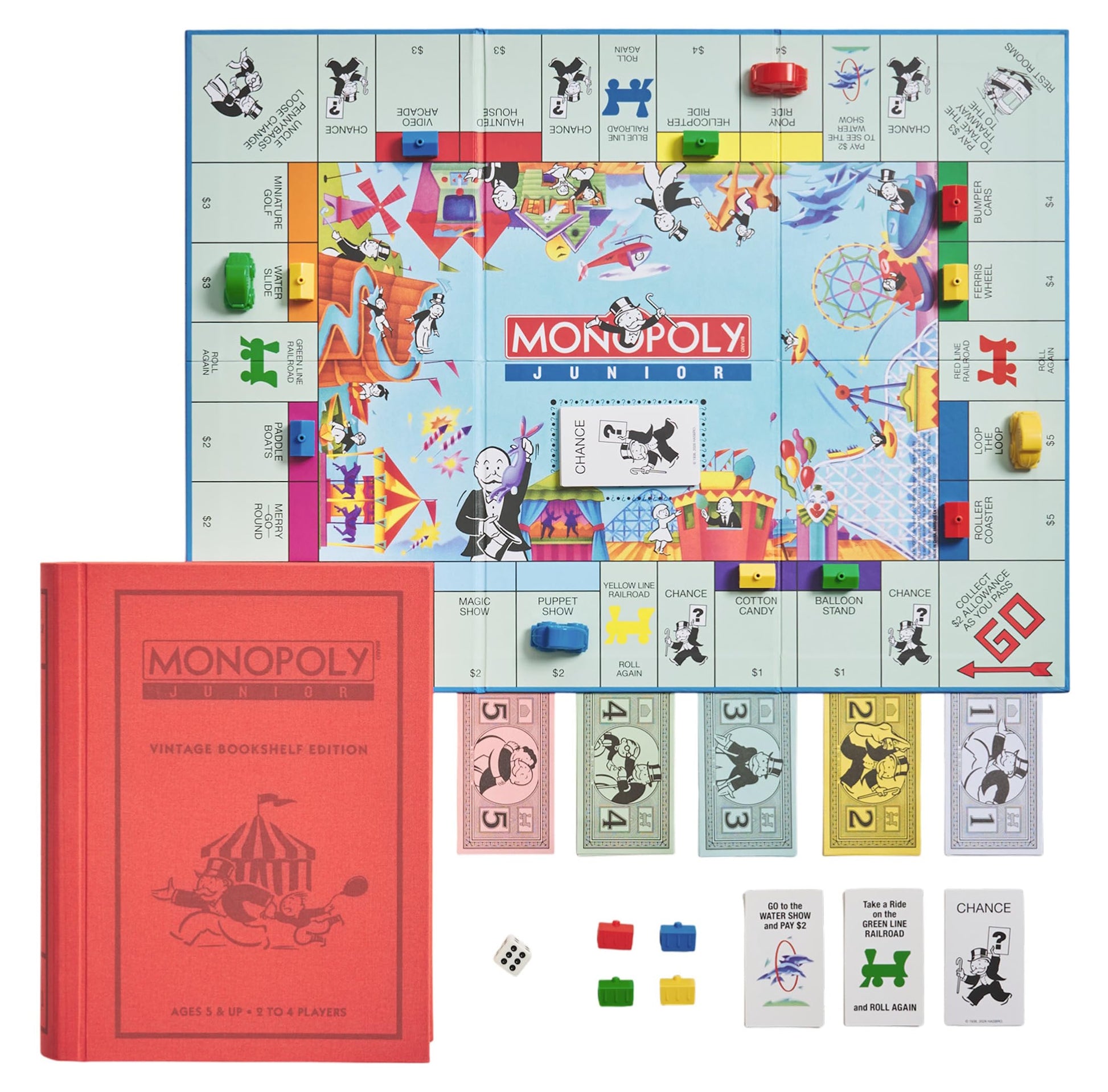 WS Game Company Monopoly Junior Vintage Bookshelf Edition: Linen Fabric-Wrapped Book Case - Classic Monopoly Jr. Board Game for Family Game Night (2-4