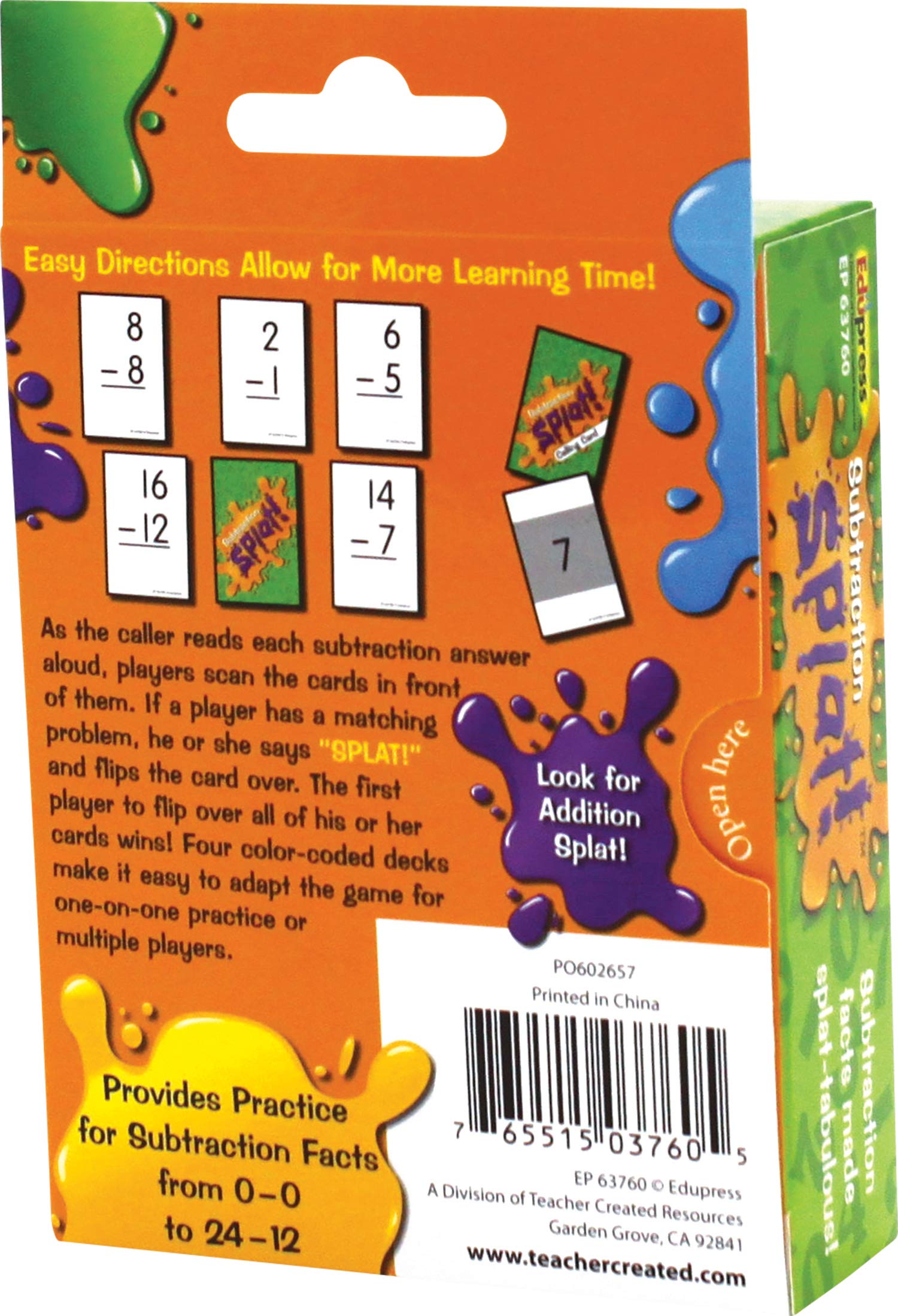 Edupress Math Splat™ Game: Subtraction Grades 2+ (EP63760) , 3.5 H x 5.625 L x 2.25 W