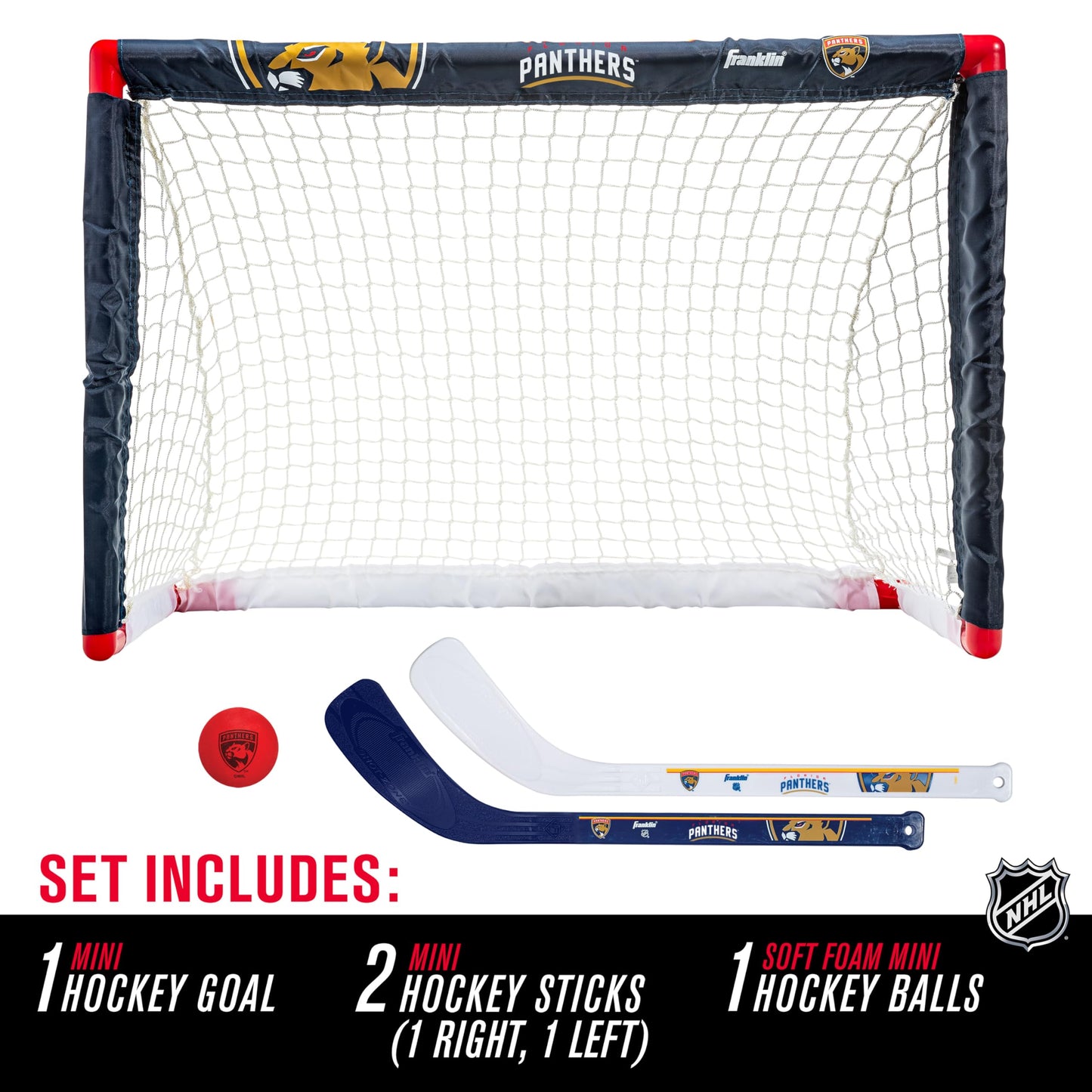 Franklin Sports NHL Florida Panthers Mini Hockey Set - Kids Indoor Knee Hockey Goal, Ball, 2 Mini Hockey Stick Combo Set - Youth NHL Team Indoor Toy
