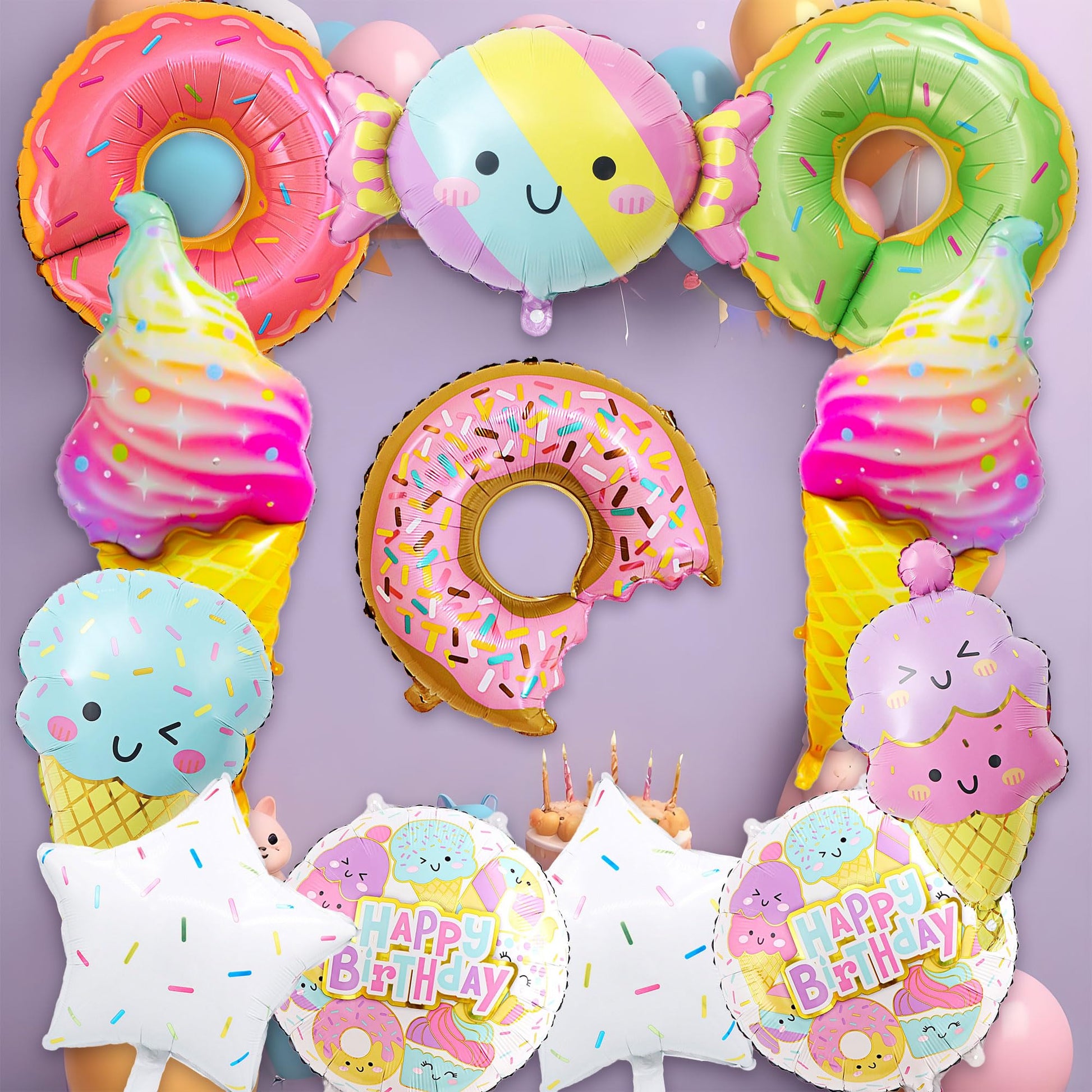 12 PCS Large Ice Cream Theme Balloons, Donut & Candy Foil Mylar Balloons for Ice Cream Party Decorations, Summer Birthday, Baby Shower Supplies