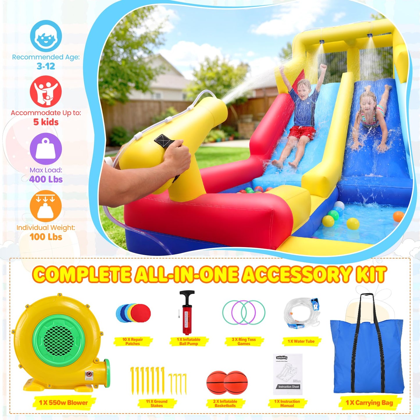 Inflatable Water Slide Bounce House, Upgrade 10-in-1 Water Slide Park with Water Gun/Spalish Pool/Jumping Area, Max Total Load Capacity 400 Lbs,