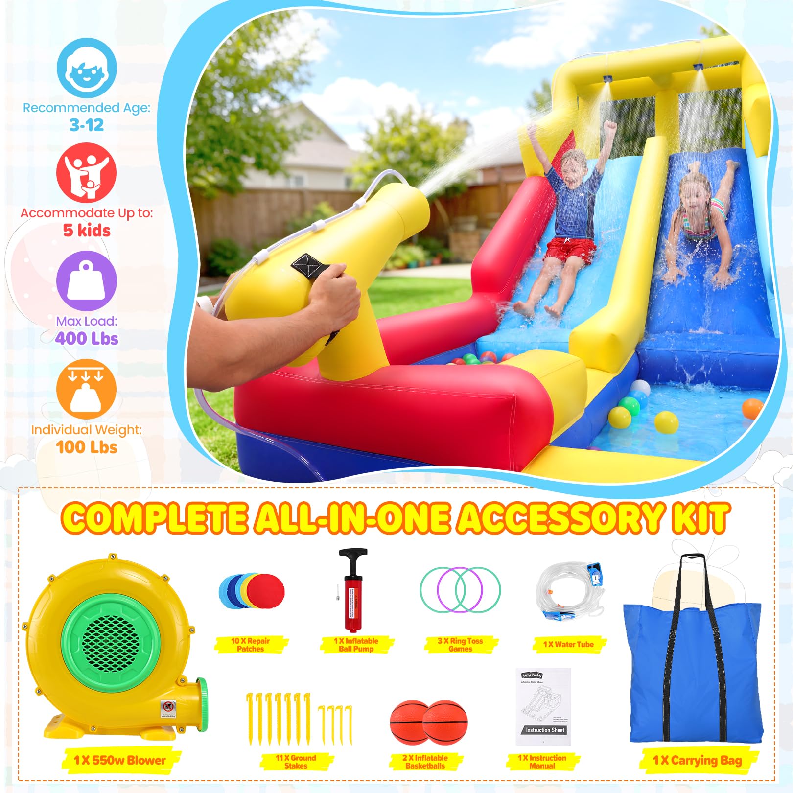 Inflatable Water Slide Bounce House, Upgrade 10-in-1 Water Slide Park with Water Gun/Spalish Pool/Jumping Area, Max Total Load Capacity 400 Lbs,