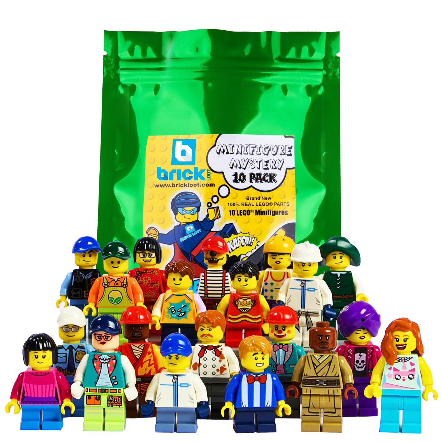 Brick Loot Minifigures Pack of 10, Random Minifigure Pack, Set of Authentic Minifigs, Unique Brick Characters with Accessories, Compatible Toy